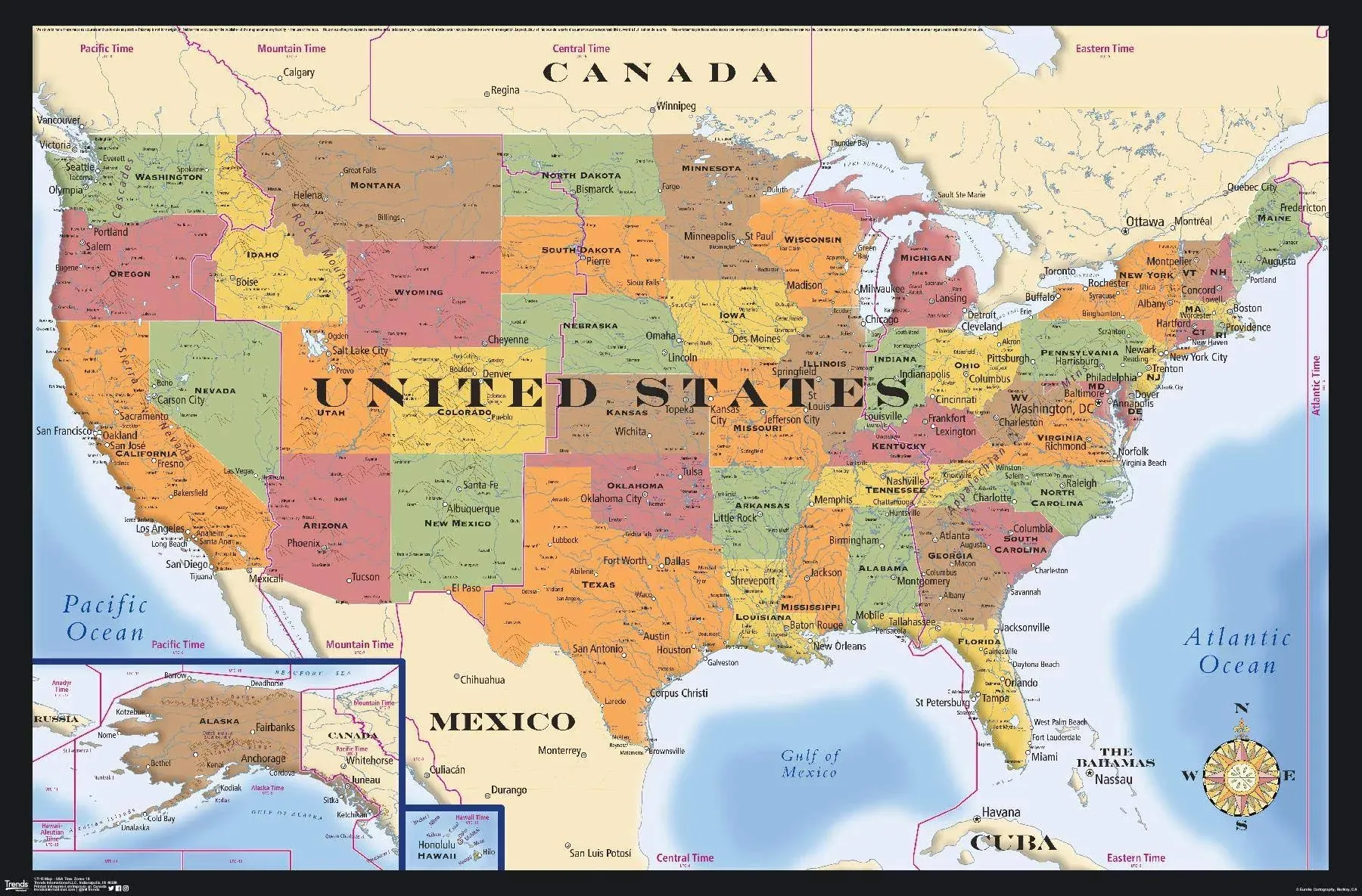 Map - USA Time Zones Wall Poster, 22.375" x 34"