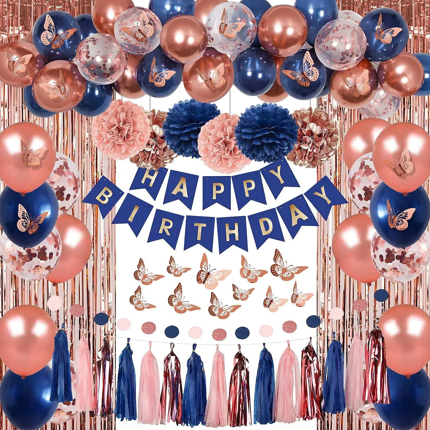 Happy Birthday Banner Party Decorations for Women Rose Gold &amp; Navy Blue