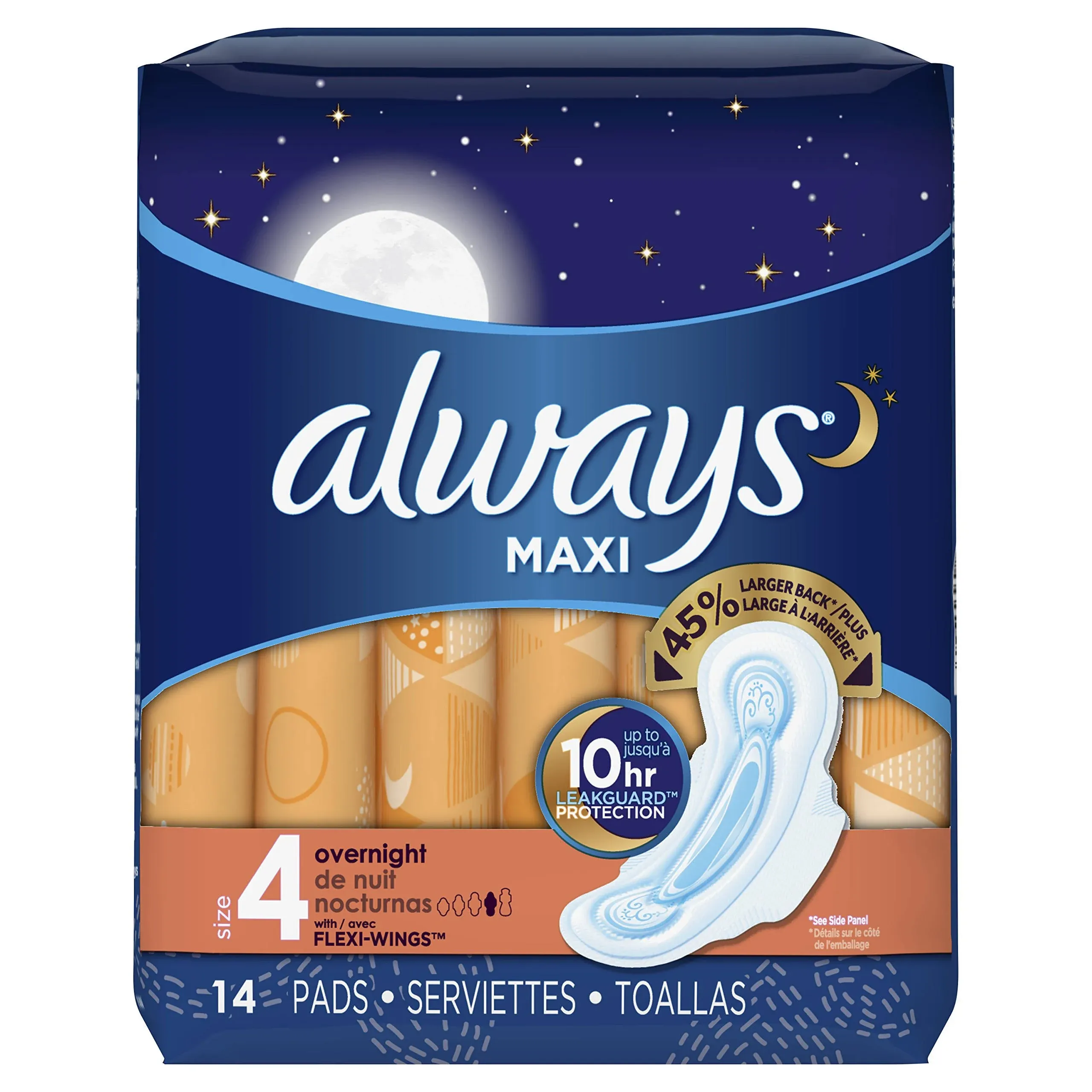 Always Maxi, Size 4, Overnight Pads with Wings, Unscented, 14 Count