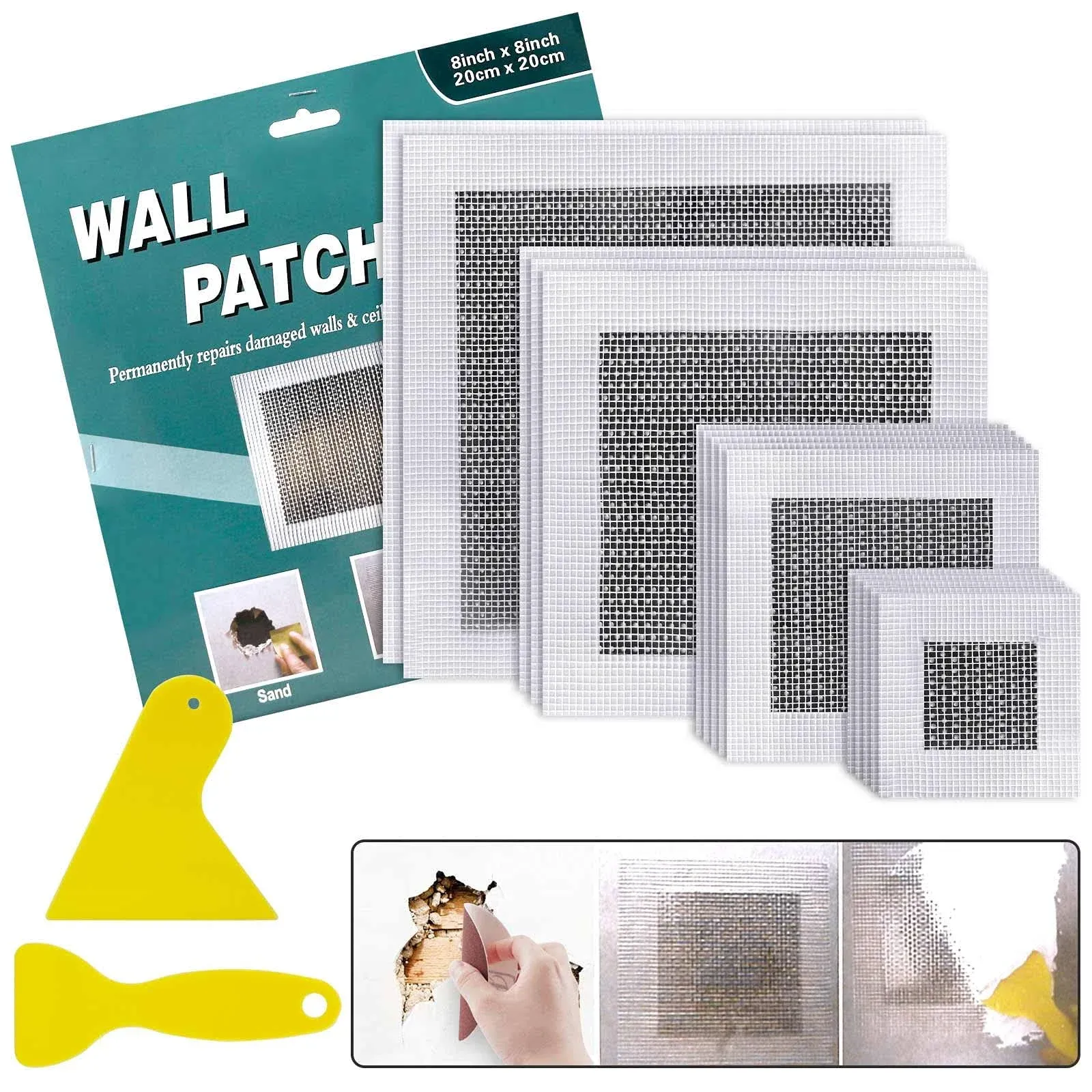 Seloom 15 Pcs Drywall Repair Kit, 2/4/6/8 inch Self Adhesive Fiberglass Mesh Wall ...