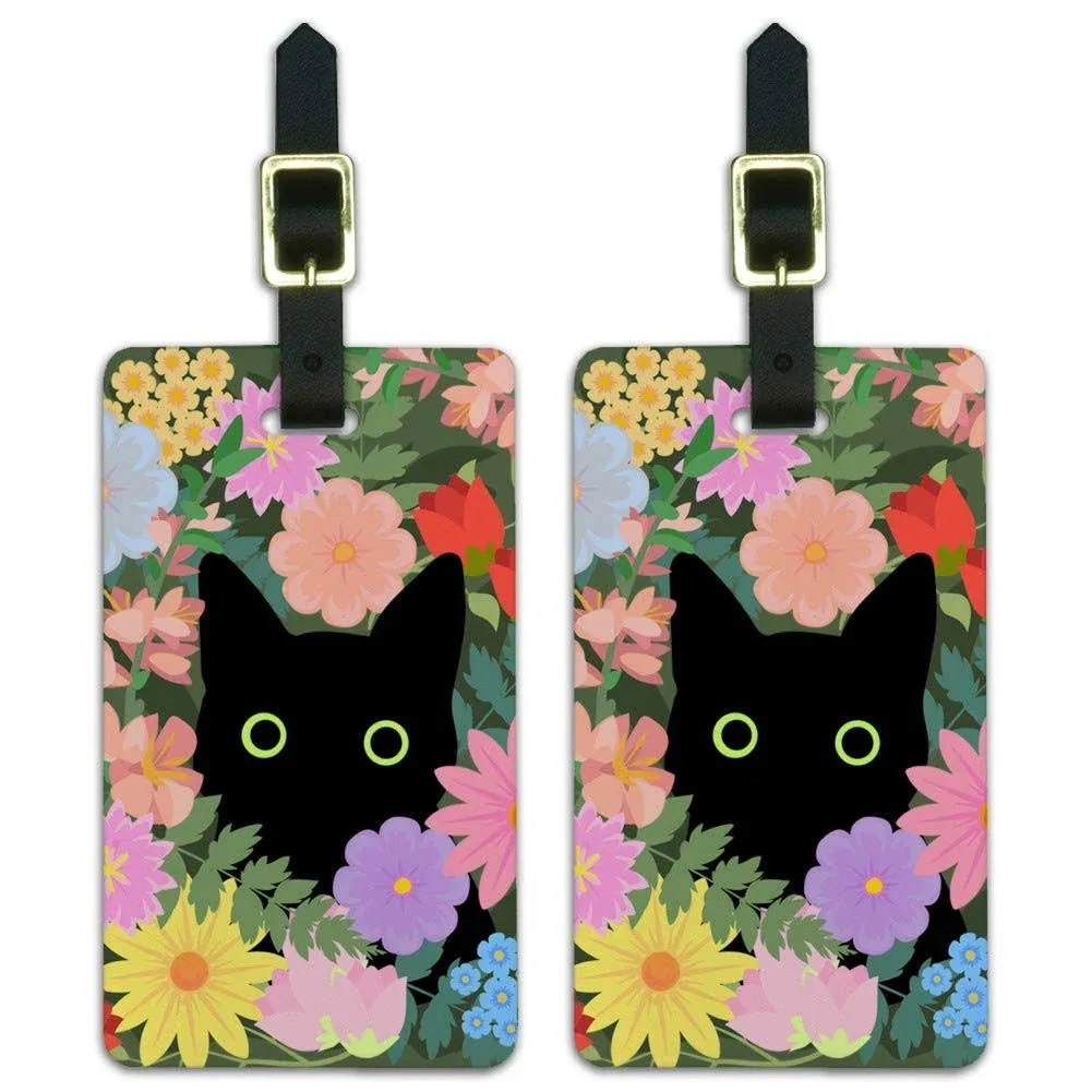 Black Cat Hiding in Spring Flowers Luggage ID Tags Suitcase Carry-On Cards - Set of 2