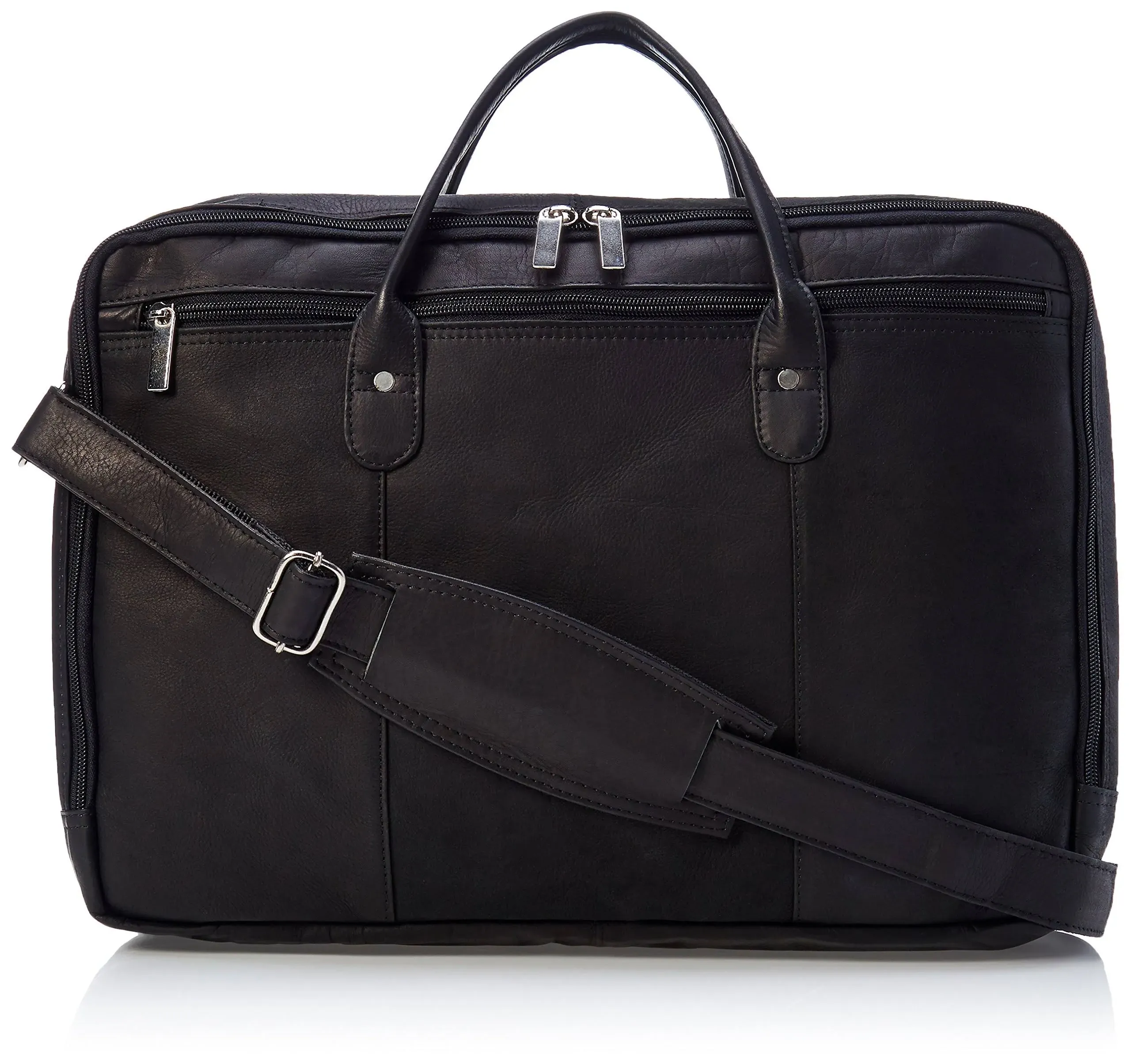 David King Double Top Zip Leather Briefcase - Black