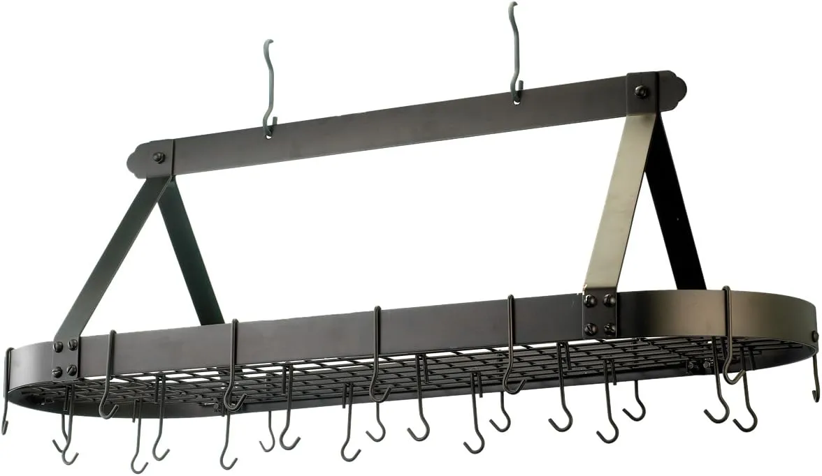 Old Dutch Oval Hanging Pot Rack with Grid & 24 Hooks, Oiled Bronze, 48 x 19 x 15.5