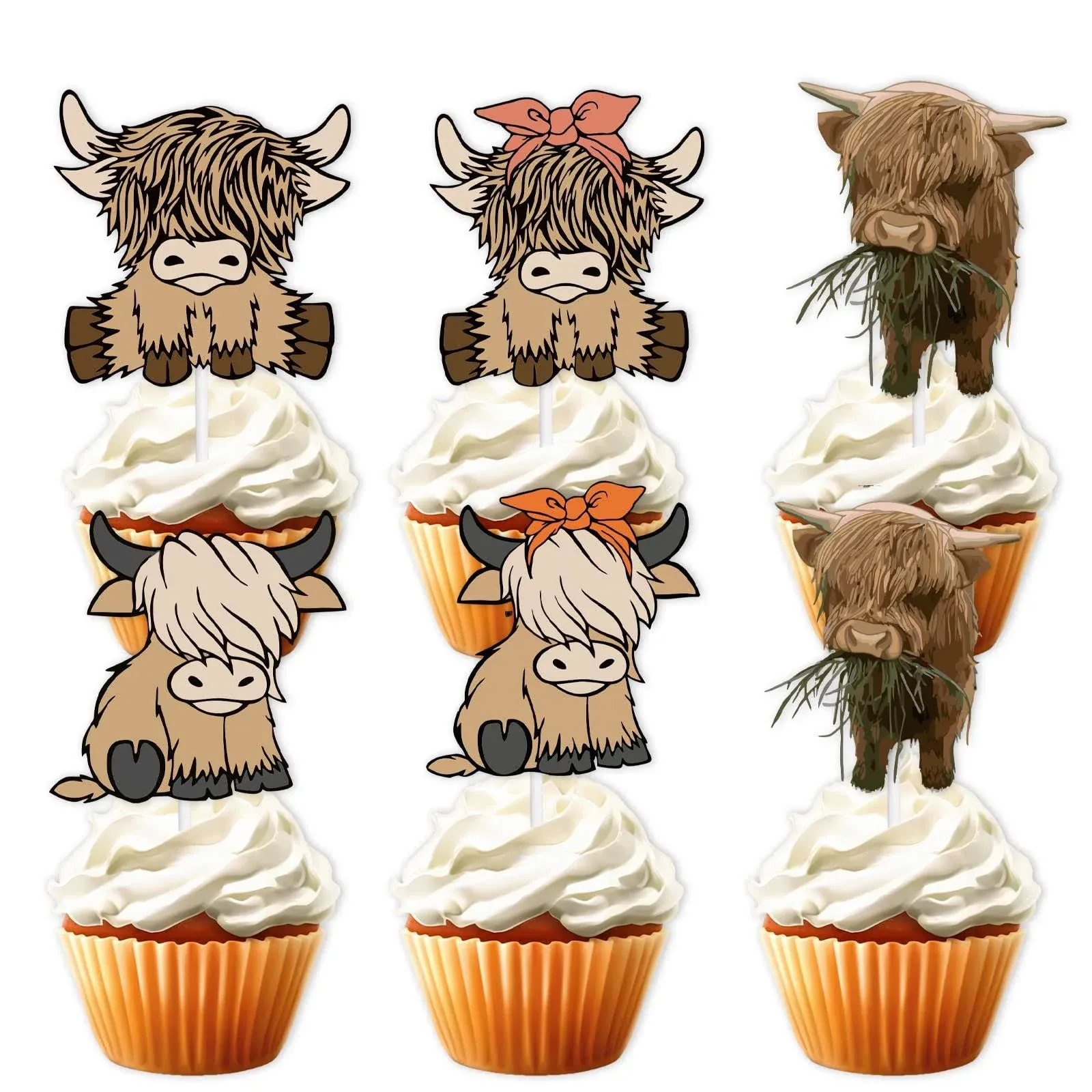 18pcs Brown Glitter Cow Dessert Cupcake Topper Cheer to Country Western Bull ...