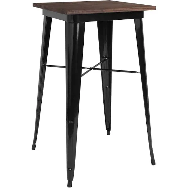 Modern 23.5" Square Metal Table With Rustic Wood Top For Indoor Use In Black