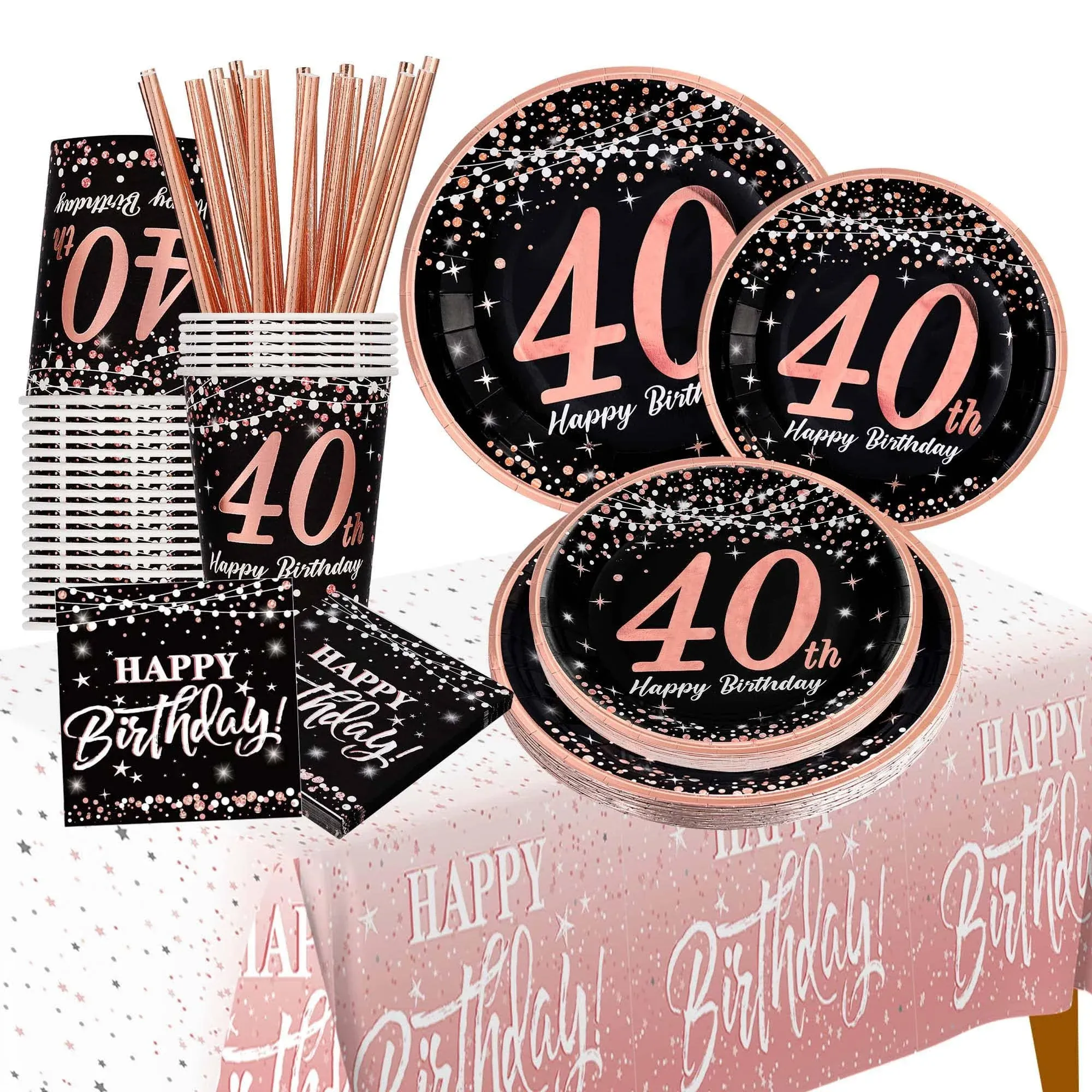 40th birthday decorations for women - (Total 121pcs) rose gold Birthday supplies Plates and Napkins, Cups, Straws, tablecloth, Disposable Tableware for 24 Guests