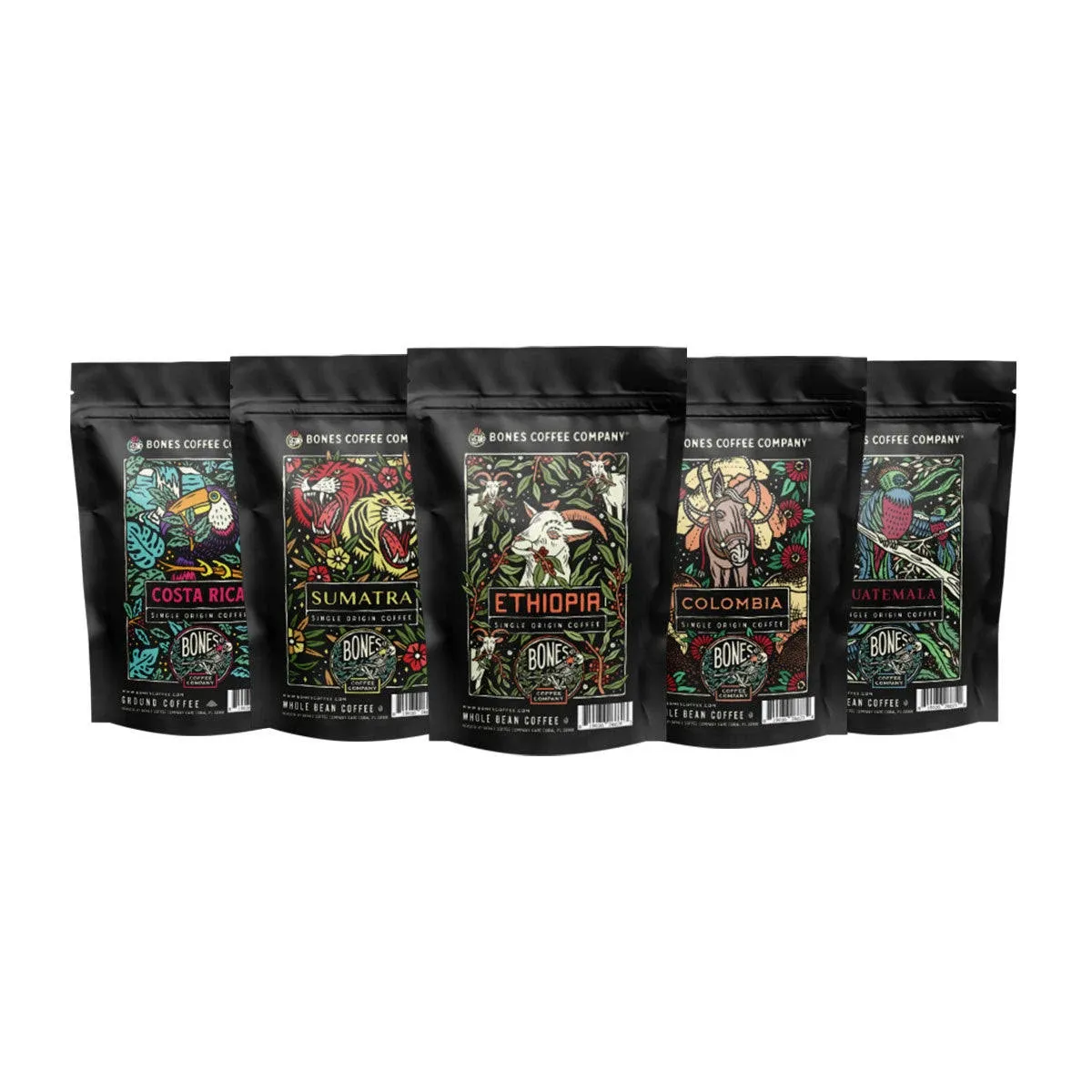 Bones Coffee New World Tour Sample Pack 4oz Medium Roast Coffee Pack of 5, Size: Ground