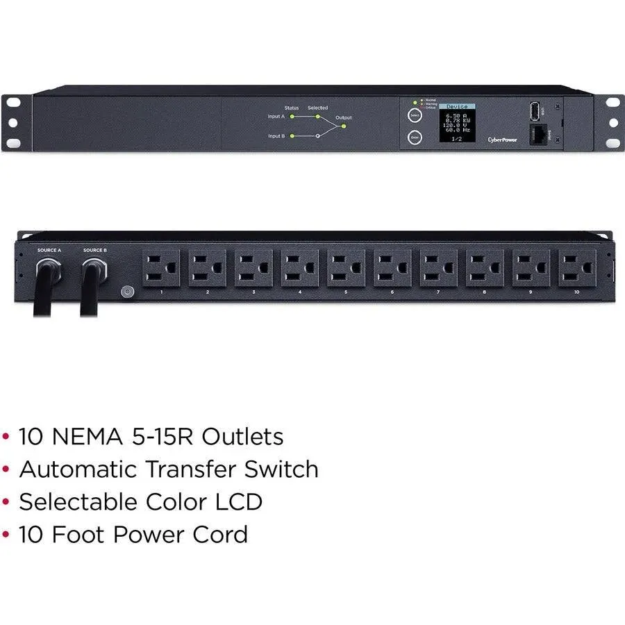 CyberPower PDU24001 Metered ATS PDU, 100-120V, 15A (Derated to 12A), 10 Outlets, 1U Rackmount