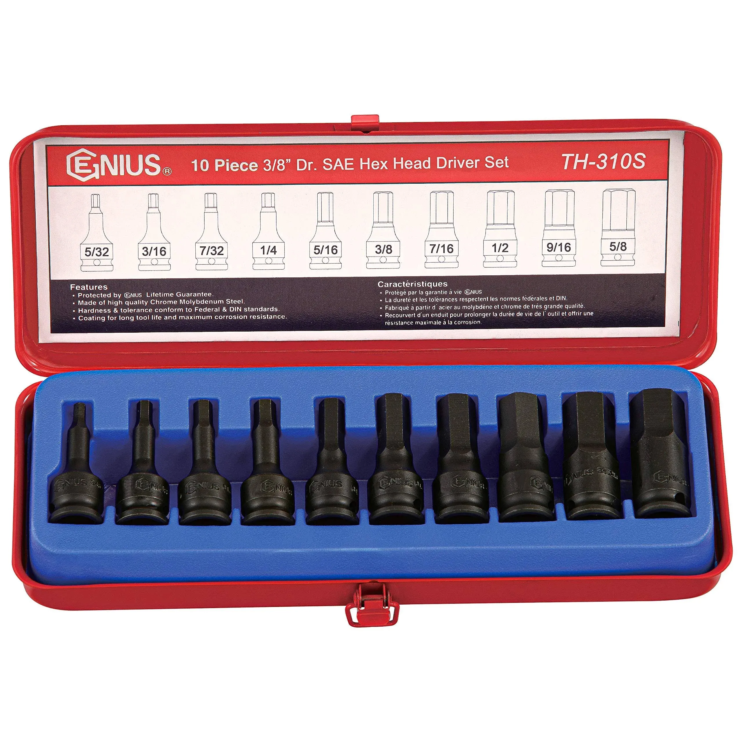 10pc 3/8&#034; Dr. Sae Hex Impact Bit Socket Set crmo Th31