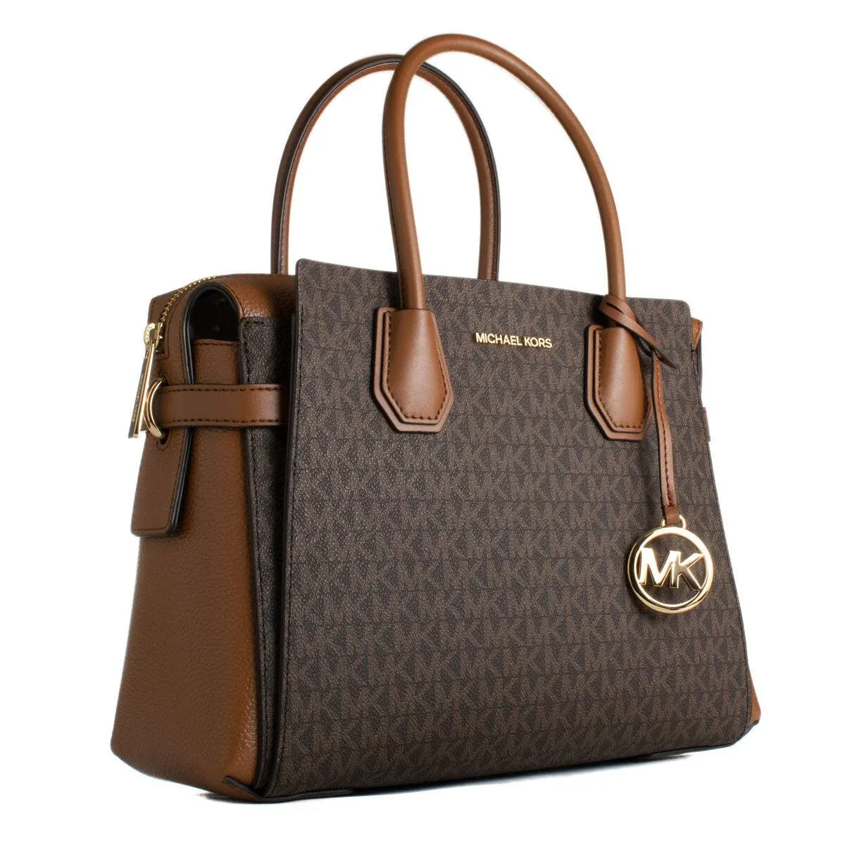 Michael Kors Women's Outlet Mercer Medium Signature Logo and Leather Belted Satchel