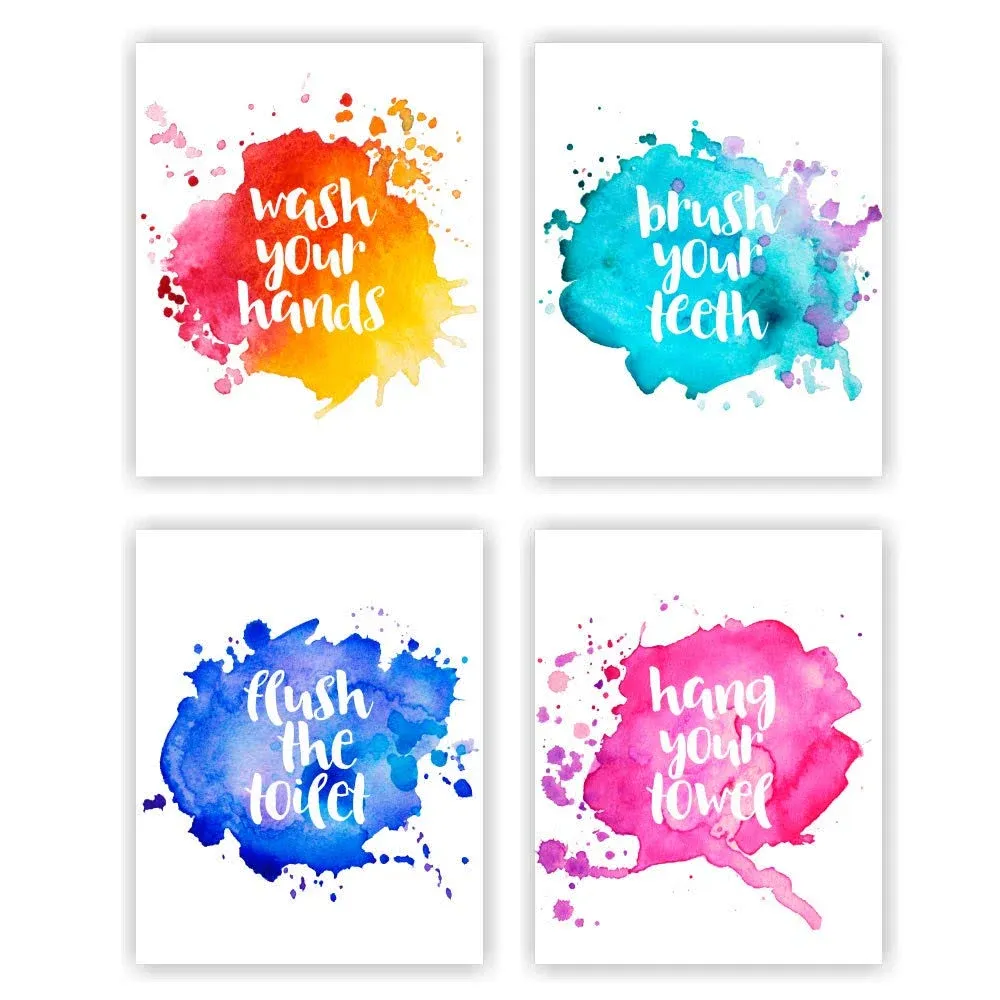 Eleville 8X10 Unframed Set of 4 Funny Bathroom Wall Art Decor Wash Flush Brush Colorful Typography Watercolor Art Print Inspirational Wall Art for Kids Room Nursery Decor wgn223