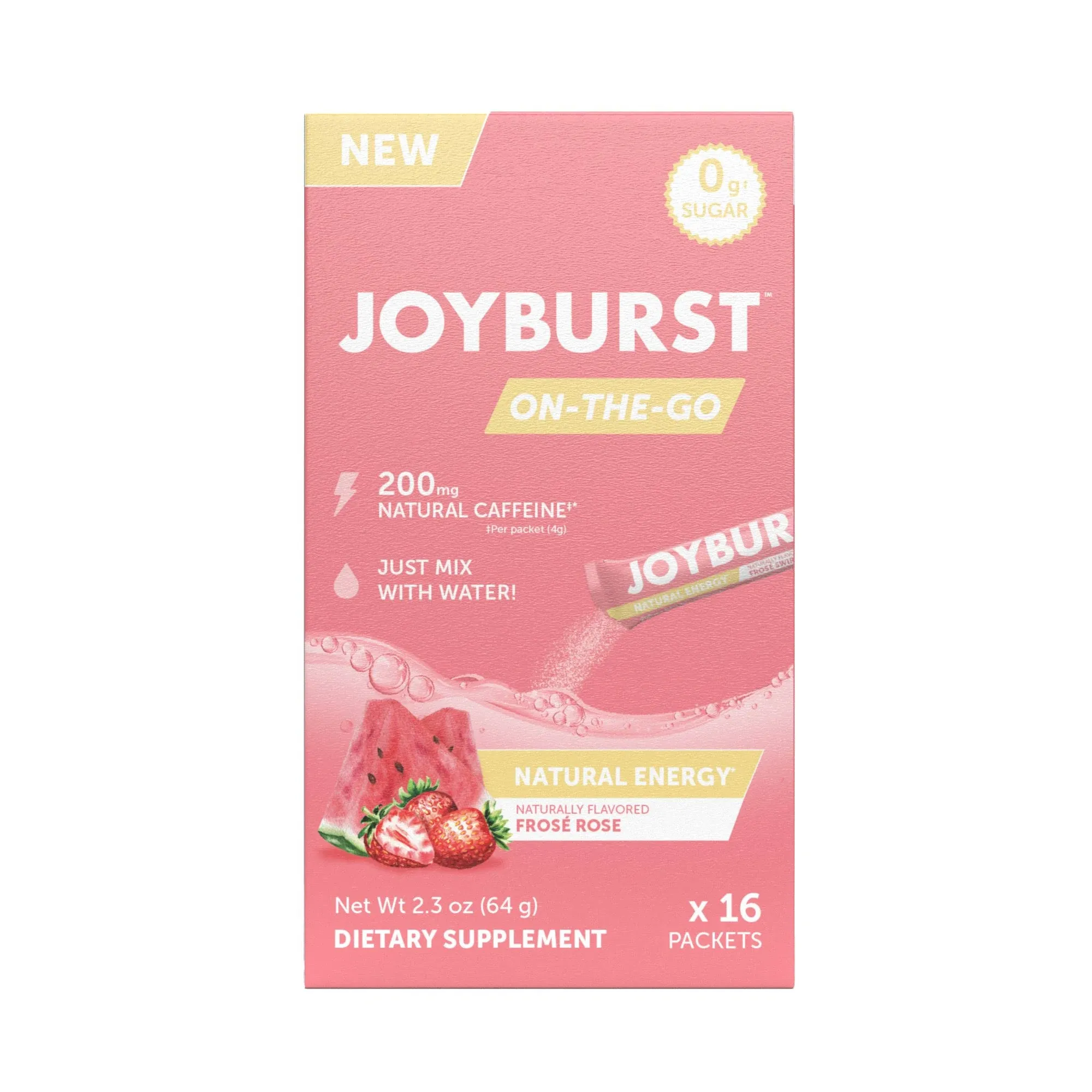 Joyburst Energy Drink Mix, Natural Caffeine (200mg) for Sustained, Jitter Free Energy, On-the-Go Natural Energy Drink Powder, Sugar Free - 16 x 4g Energy Sticks (Frose Rose)