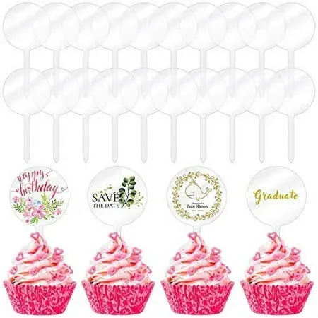 30 Pack 2 Inch Circle Acrylic Cupcake Toppers, DIY Clear Round Blank Cake Toppers Personalized Cupcake Toppers with Sticks for Birthday Party, Wedding, Engagement, Baby Shower Cake Decoration