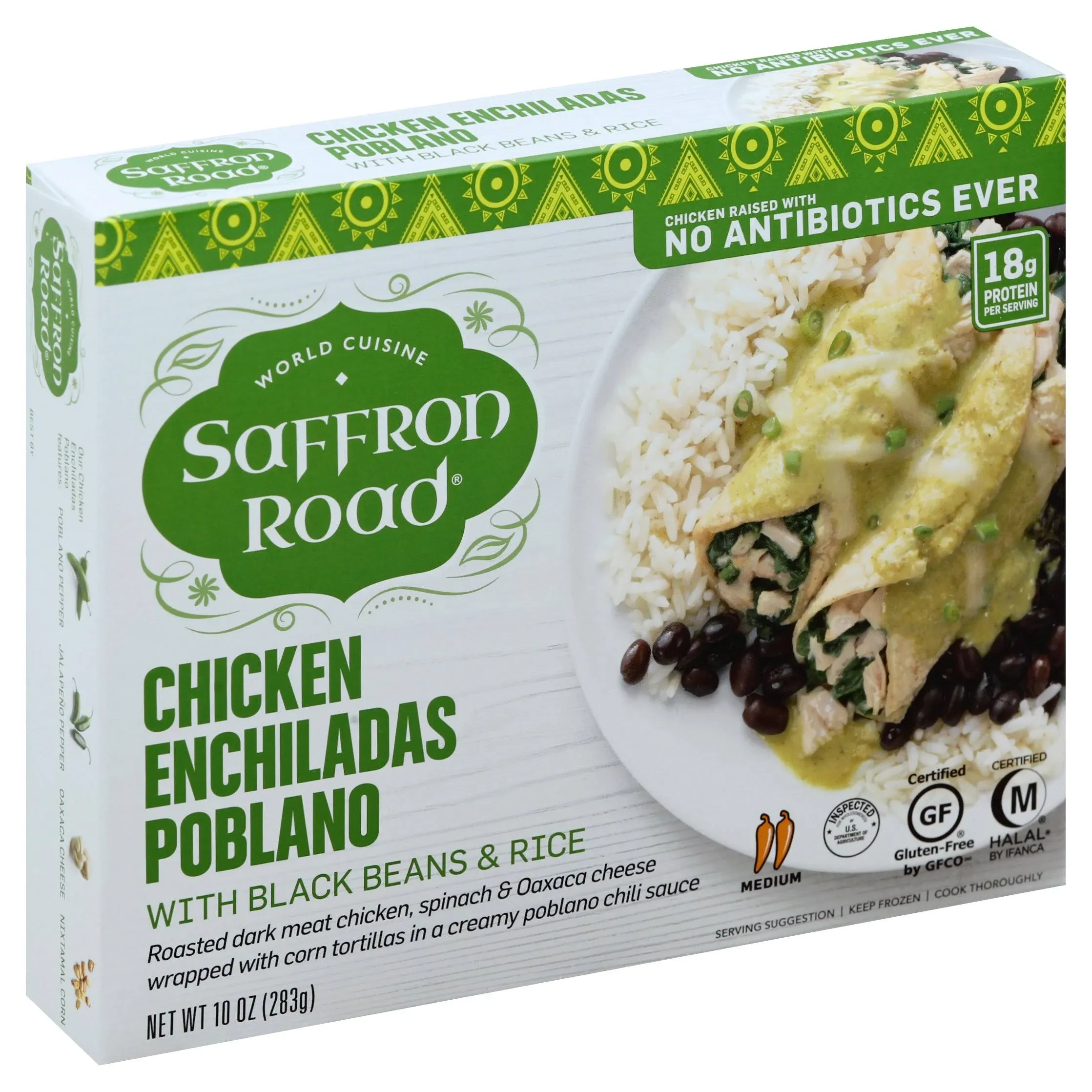 Saffron Road Chicken Enchiladas Poblano with Black Beans & Rice, Medium - 10 oz