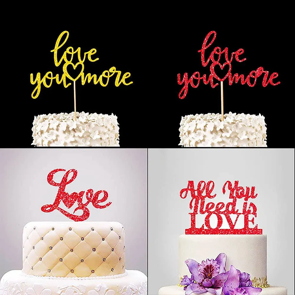 4 Pack Valentine's Day Cake Toppers, Love You More”，“All Need in Love”, Topper Decoration for Sweet Theme Wedding Engagement,Valentine's Bridal Shower Party Decors, (QR-CP-4)