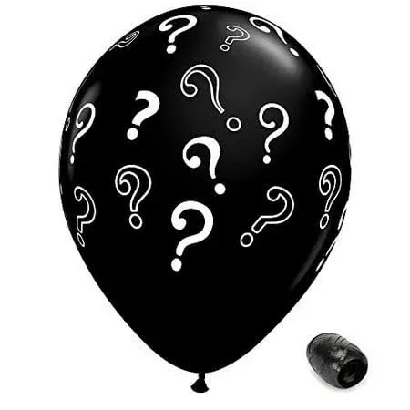 10 Pk 16&#034; Black White Question Mark Gender Reveal Latex Balloons w Match Ribbons