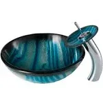 Kraus Ladon Glass Vessel Sink and Waterfall Faucet - Satin Nickel