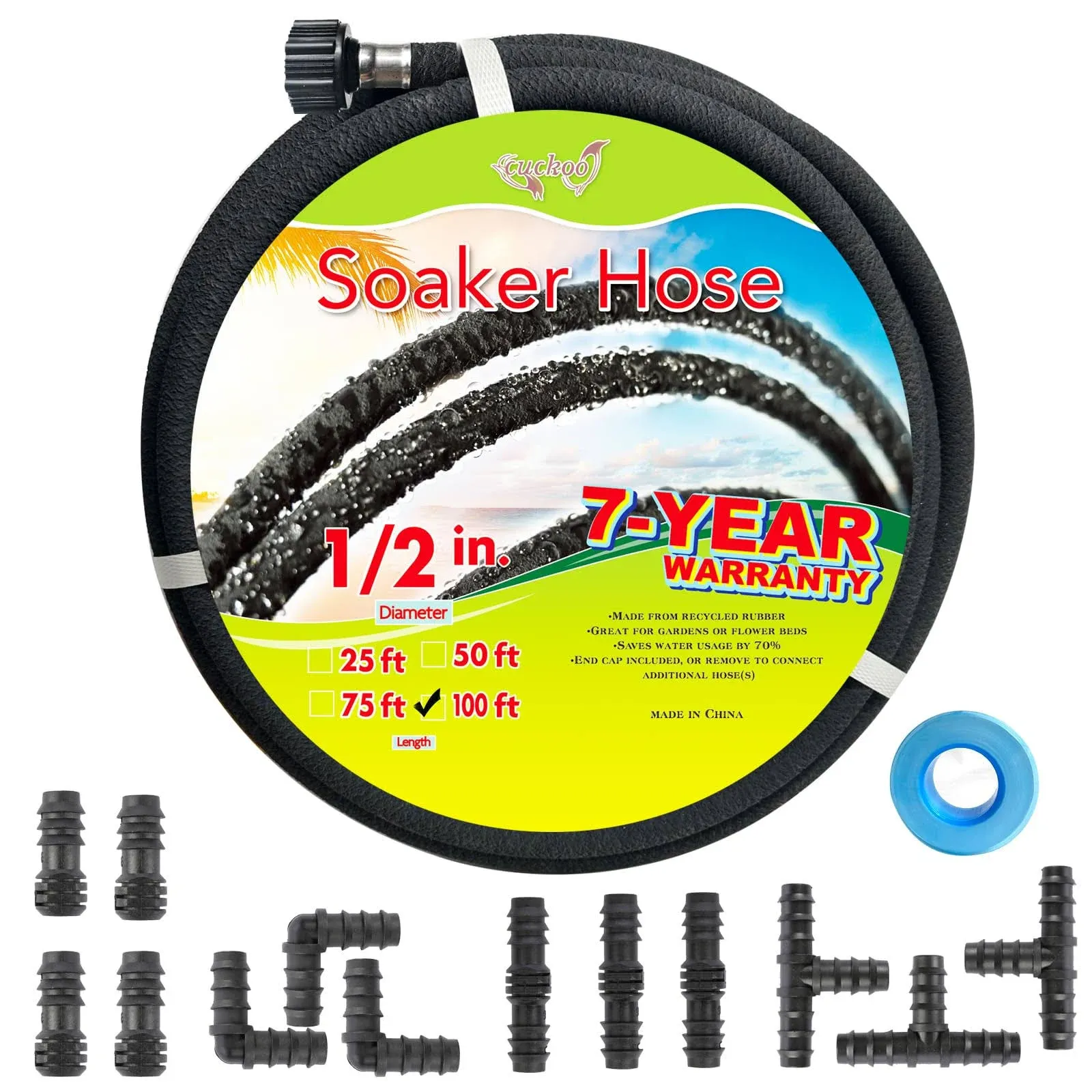 Cuckoo Soaker Hose 100Ft with 1/2&#034; Diameter-Soake<wbr/>r Hose Kit with Heavy Duty Rubb