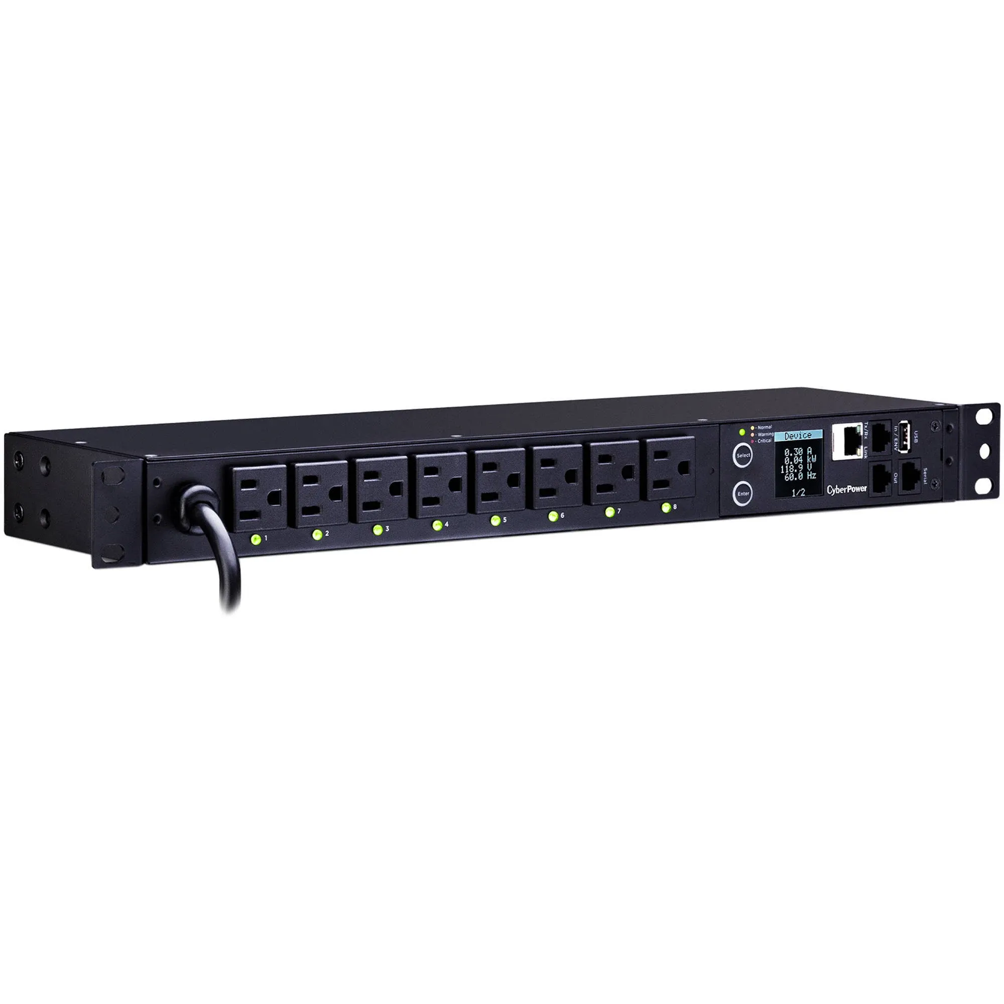 CyberPower  100 - 120 VAC 15A Switched Metered-by-Outlet PDU - 8 Outlets, 12 ft, NEMA 5-15P, Horizontal, 1U, LCD, 3-YEAR Warranty - PDU81001