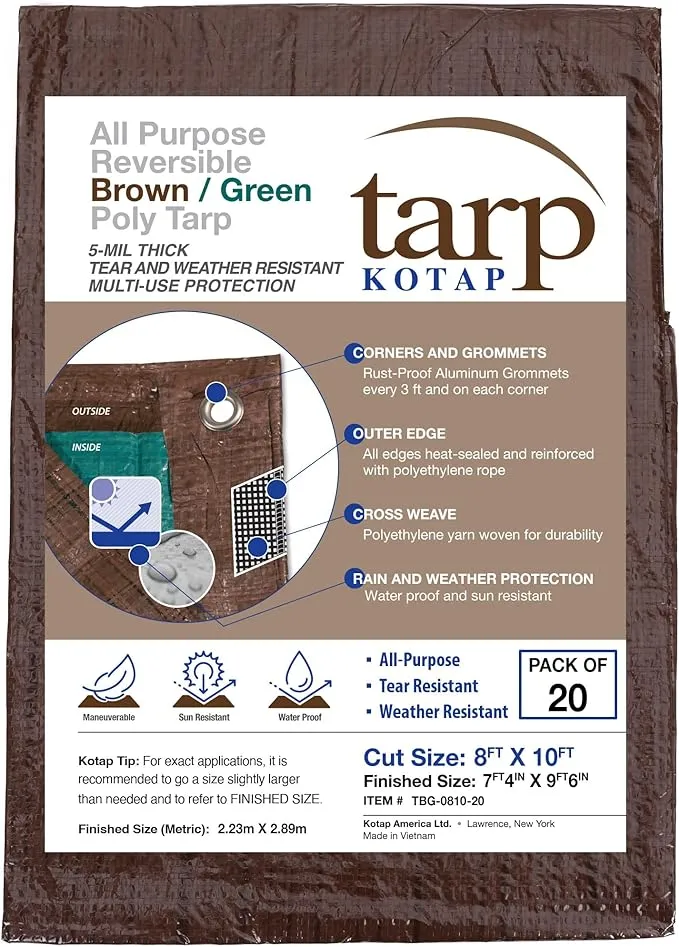 Kotap TBG-0810-20 All Purpose Reversible Poly Tarp, 8 ft. x 10 ft, Brown-Green ...