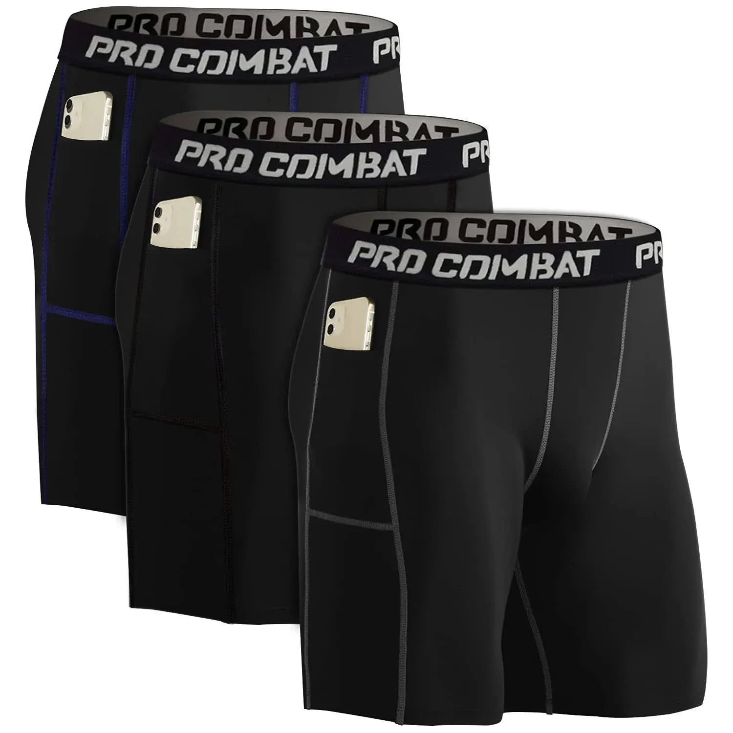 Compression Shorts Men&#039;s 3 Pack with Pocket Running Short Men&#039;s Gym, Workout, Cy