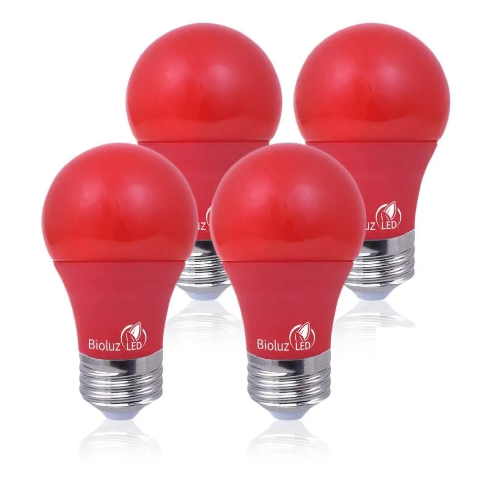 Bioluz LED A19 Red Color Party LED Light Bulb, 60 Watt Equivalent, Energy Efficient 9W, E26 Standard Base, Red Colored Party Bulb, Non-Dimmable, 10,000 Hour Lifetime, 4-Pack