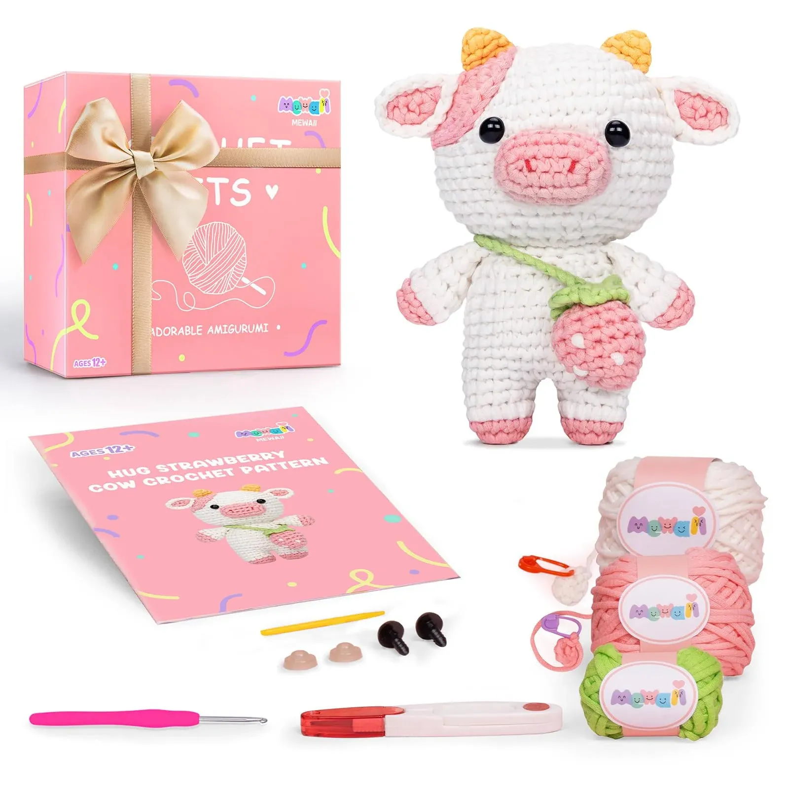 Crochet Kit for Beginners, Complete DIY Kit Animals with 40%+ Pre-Started Tape Yarn Step-by-Step Video Tutorials for Adults Kids (Strawberry Cow)