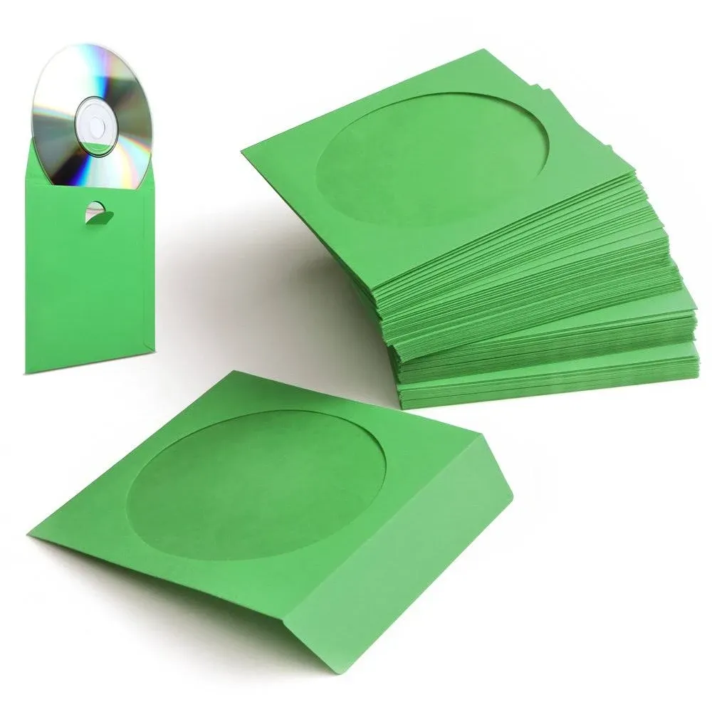 100 Pack CD DVD Thick Paper Sleeves Envelope Case with Window Cut Flap in Green