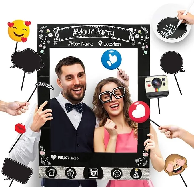 Insta-Themed Social Media Party Photo Booth Selfie Frame with Emoji & Speech Bubble Props. Great as Vintage Background Photography for Birthday, Anniversary, Wedding Event Decoration