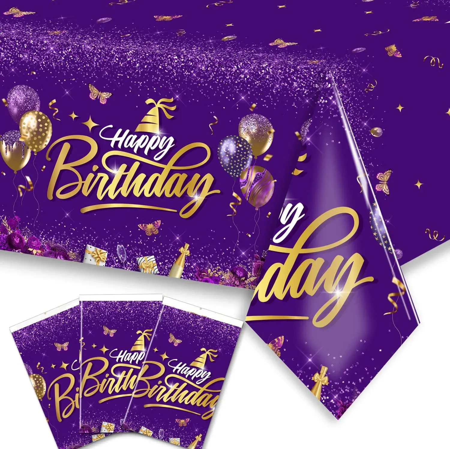 Happy Birthday Decorations-3pcs Birthday Tablecloth,Rectangle Plastic Disposable Birthday Table Covers Party Decoration for Men Women 90th 80th 70th 60th 50th 40th 30th Birthday (Purple)