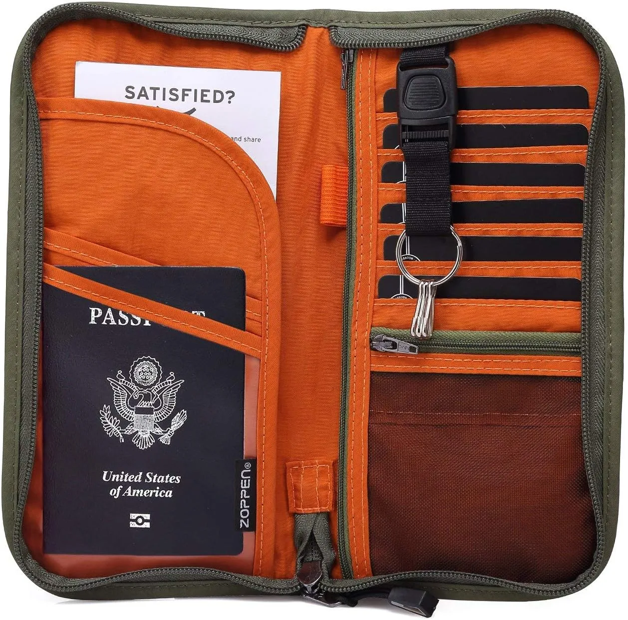 ZOPPEN RFID Travel Passport Wallet & Documents Organizer Zipper Case with Removable Wristlet Strap