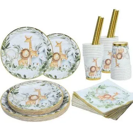 Jungle Safari Party Supplies Set: Plates, Cups, Napkins, Tablecloth - Serves 24