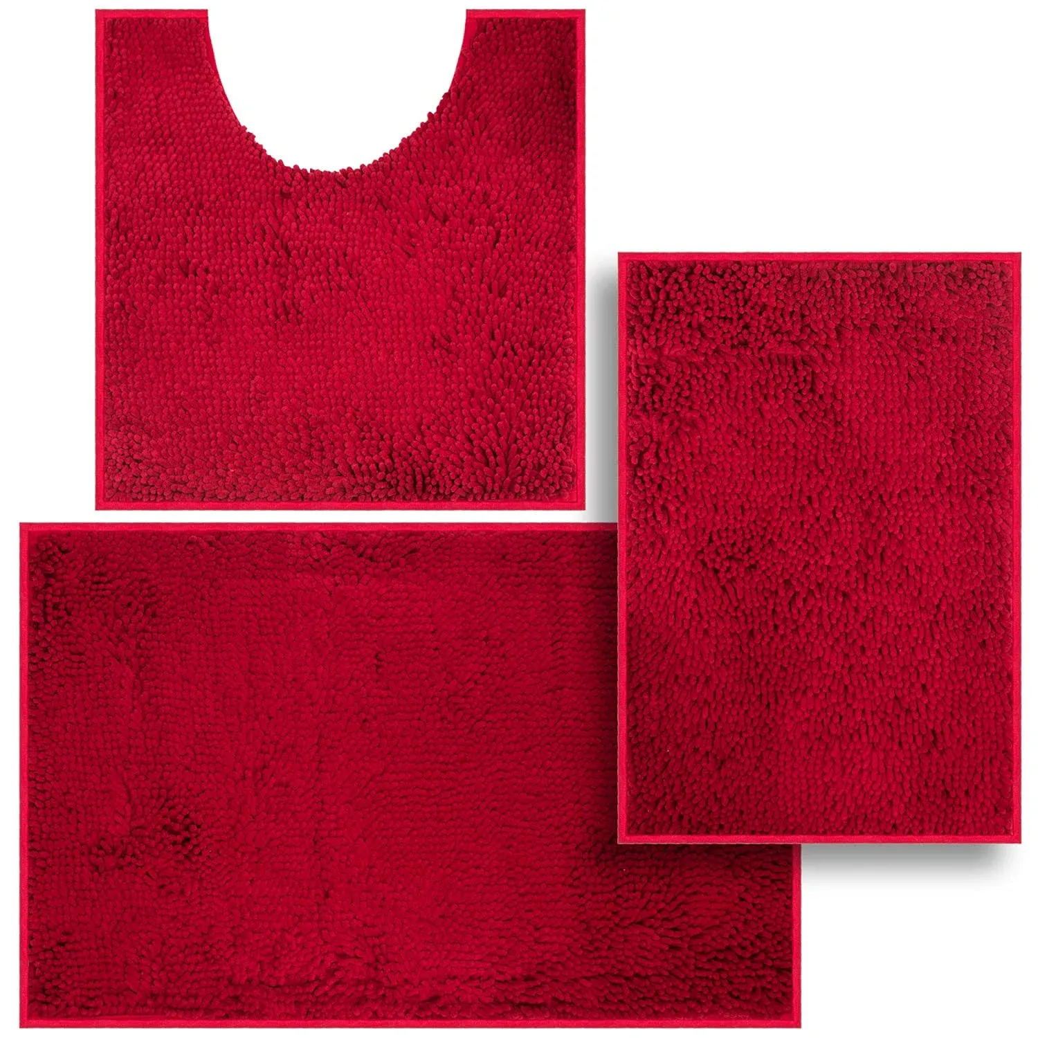 3 Pieces Bathroom Rugs, Anti-Slip Chenille Bath Rug, Super Absorbent Luxury Shaggy Bath Mats Set, Perfect Plush Carpet for Tub, Shower, Bath Room,Machine Washable (Maroon RED)