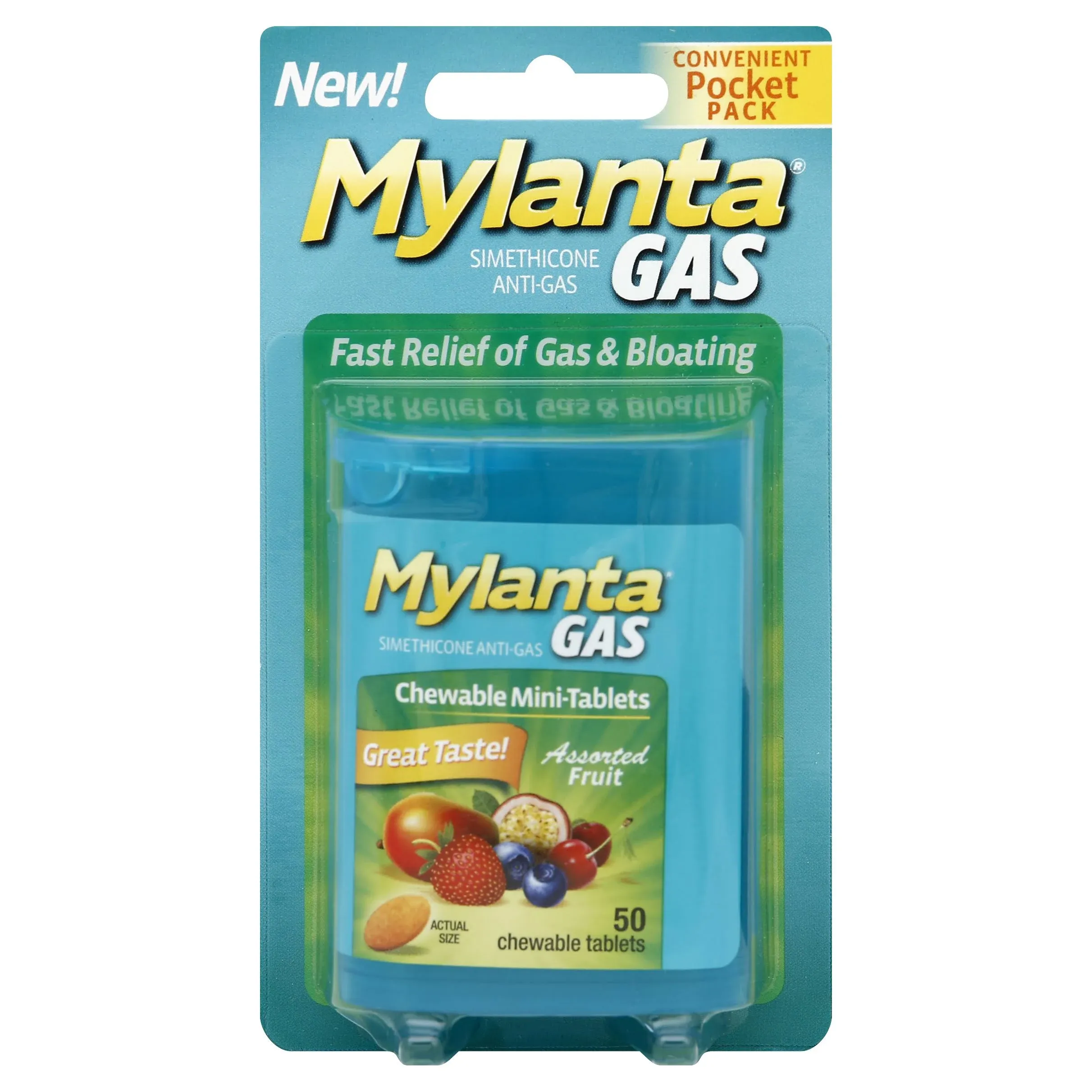 Mylanta Gas Anti-Gas, Chewable Mini-Tablets, Assorted Fruit, Convenient Pocket Pack - 50 tablets