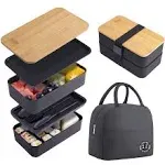 Japanese Bamboo Bento Box with Compartments and Utensils Stackable Lunch Box Includes Lunch Bag for Meal Prep Black