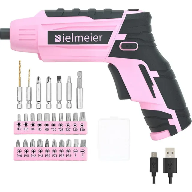 Bielmeier Pink Electric Screwdriver Kit 5N.m, 4V Lithium Ion Battery Cordless Screwdriver Rechargeable with LED Light and USB C