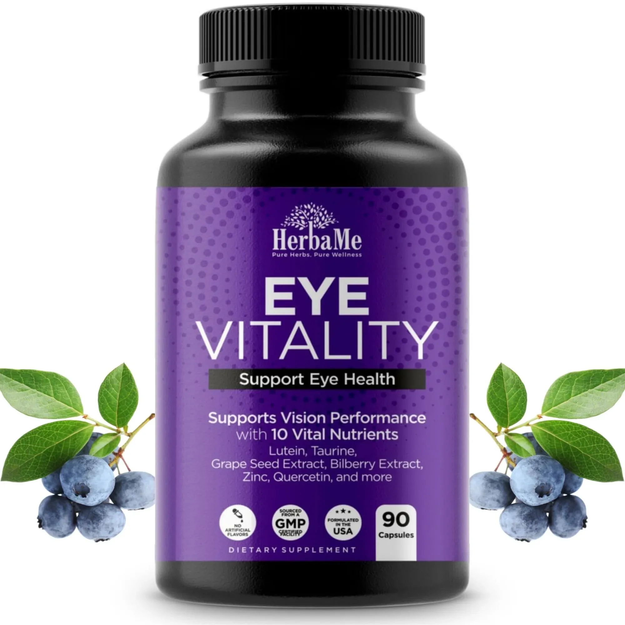 HerbaMe Eye Vitamins Supplement with Lutein, Bilberry, Beta Carotene, L-Taurine, Zinc and Quercetin, 90 Capsules, Supports Vision, Ocular and Macular