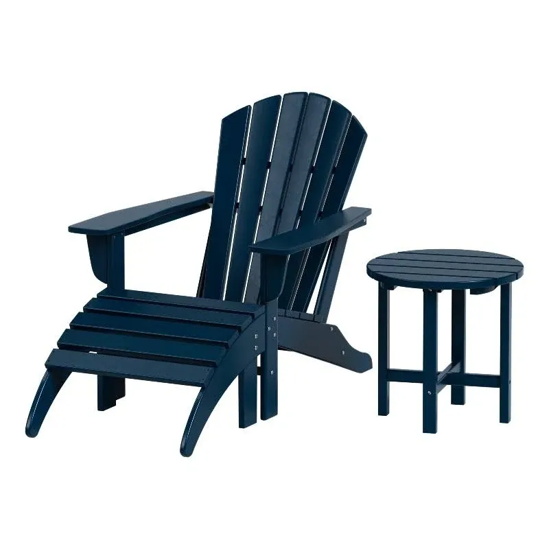 Portside 3-Piece Set Classic Adirondack Chair with Ottoman and Round Side Table