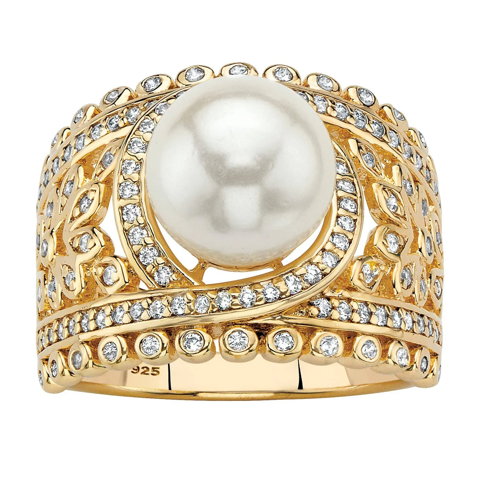 Simulated Pearl and Cubic Zirconia Floral Cocktail Ring .65 TCW in 14k Gold-plated Sterling Silver