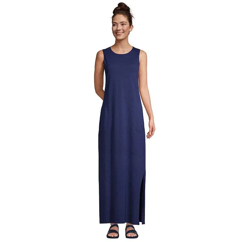 Lands' End Women's Cotton Jersey Sleeveless Swim Cover-Up Maxi Dress