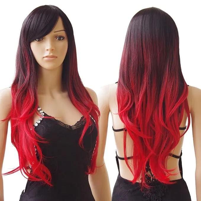 Long Straight Wavy Ombre Burgundy Wig Women Cosplay Party Synthetic Hair Wig Vtw