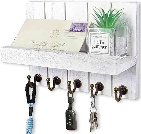 Wood Key Mail Holder Wall Mounted With 5 Vintage Hooks Wall Decorative Rustic