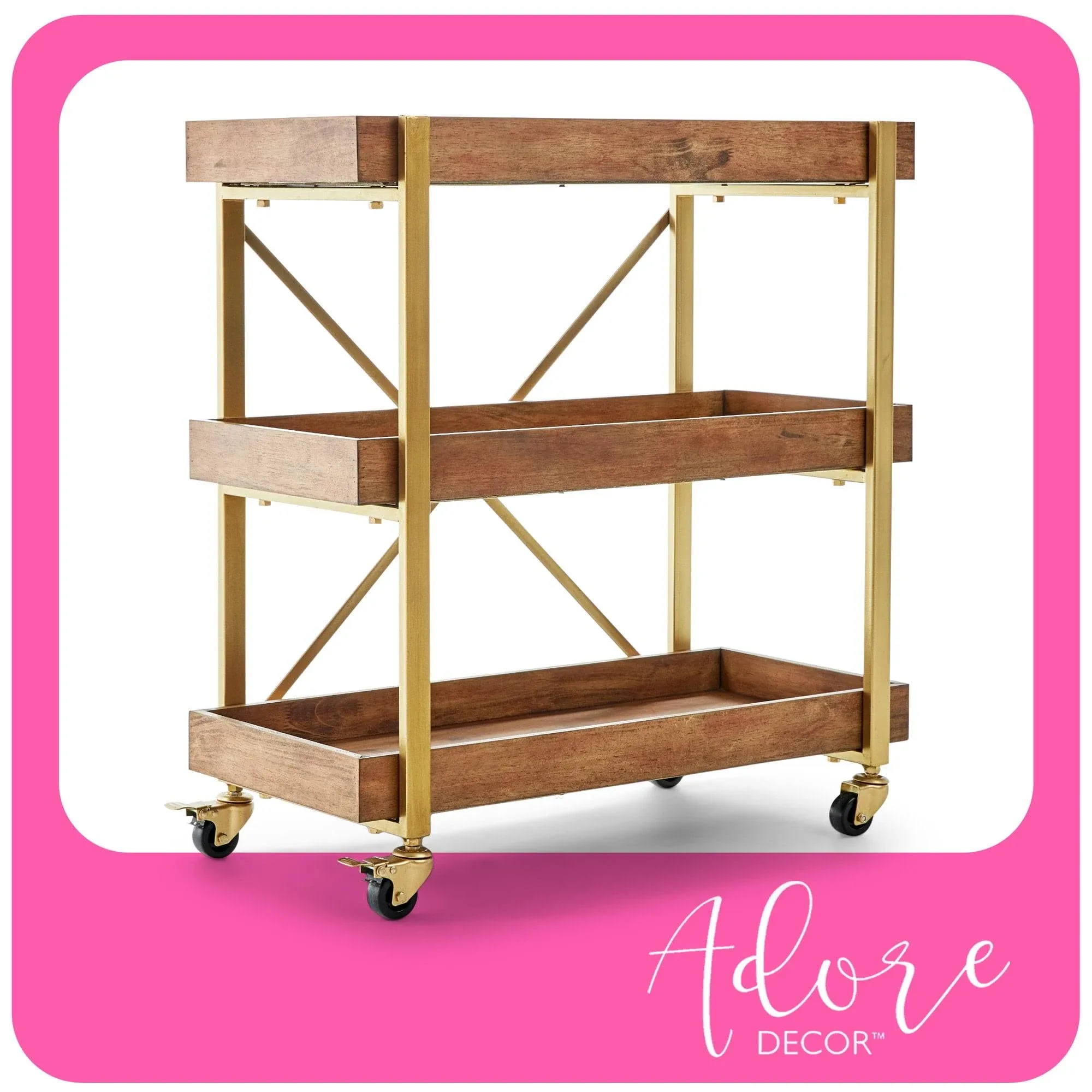 Adore Decor Riley 3-Tier Wooden Bar Cart