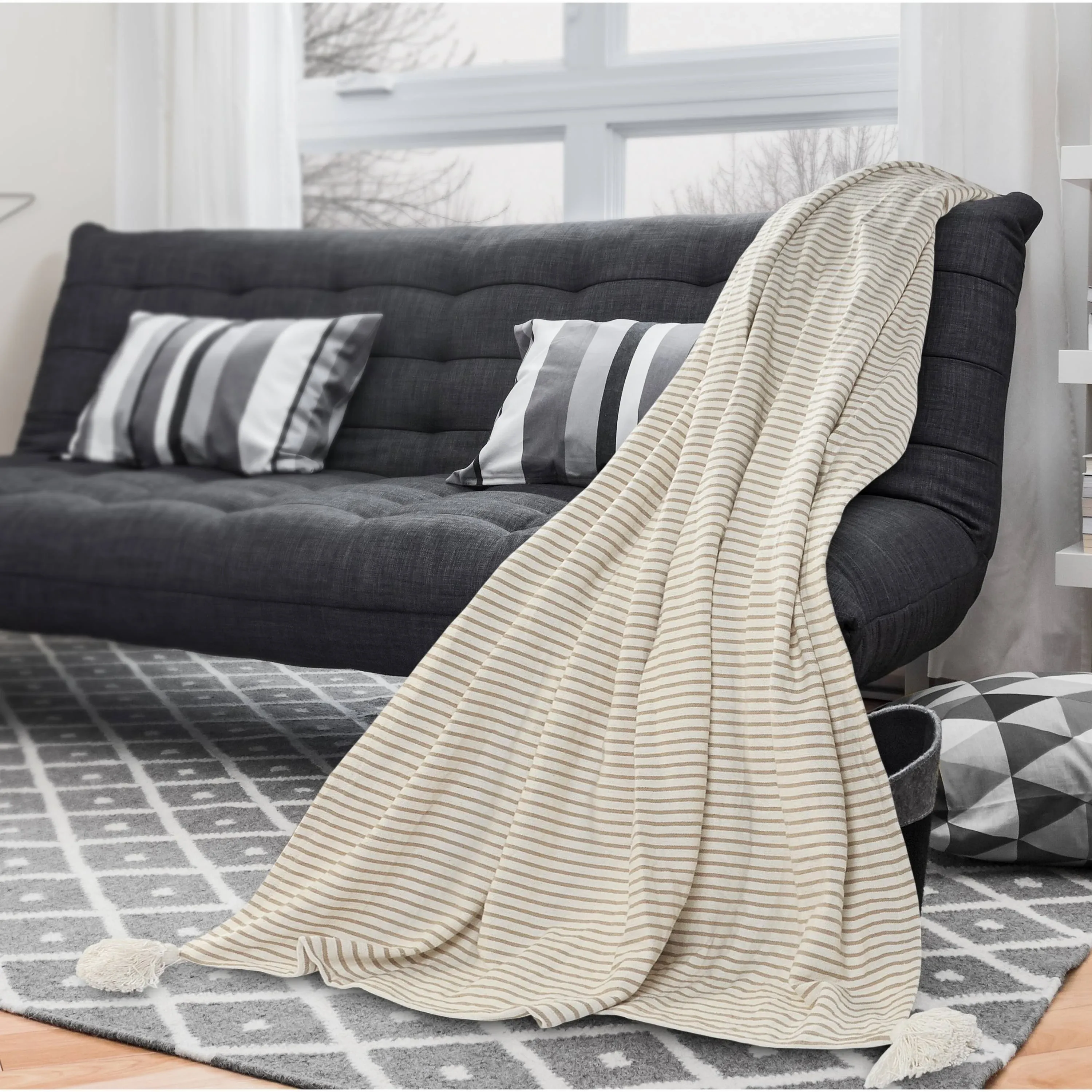 LR Home Striped Ivory and Beige Tasseled Throw Blanket