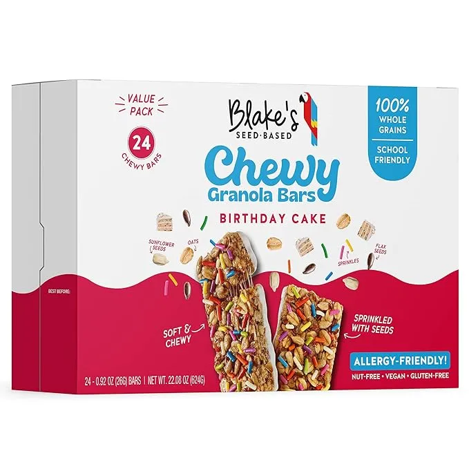 Blake’s Seed Based Chewy Granola Bars — Birthday Cake (24 Count), Vegan, Gluten Free, Nut Free & Dairy Free, Healthy Snacks for Kids or Adults, Schoo